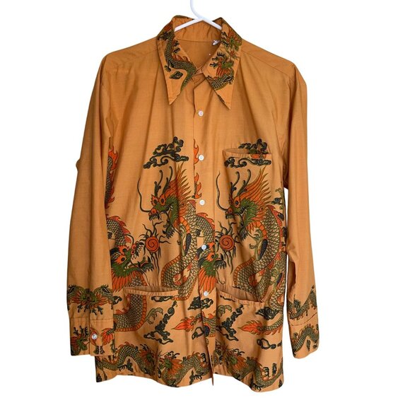 Unbranded Other - Vintage 1970s Mens Shirt Size Large Orange Dragon Button Down Long Sleeve